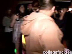 Every college crew has got such dirty slut that is ready to go dirty in public. This feisty college whore is one of those girls. So she takes off her top flashing small tits right in front of the whole crew. Then she goes down sucking cock deepthroat in public.