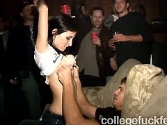 Every college crew has got such dirty slut that is ready to go dirty in public. This feisty college whore is one of those girls. So she takes off her top flashing small tits right in front of the whole crew. Then she goes down sucking cock deepthroat in public.