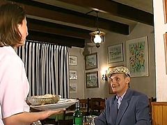 French whore proves she is an insatiable waitress in this video, as she gets down and dirty with an old guy who is a client and the young cook. She gives head and gets her pussy pounded hard and deep.