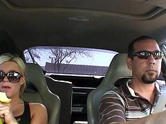 This blond haired GF is too horny. Spoiled curvy nympho asks her BF to stop the car and desires to striptease right outdoors to show her big boobies and nice rounded ass.