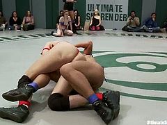 Horny girls in bikini fight in the ring in public. They show good fighting skills. But the most important thing is that they lick pussies and boobs.