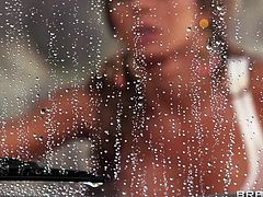 Gorgeous babe Madison Ivy has a nice red Ford Mustang to wash. She lathers up her body with soap and gets to work. Her pert nipples shown through her white tank top, as she rubs her breasts on the hood of the classic car. Her man comes along and gives her juicy pussy nice, hard fucking.