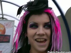 This goth chick walks around with no pants. She has her fishnets ripped off and slammed on the backseat of a car.