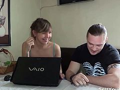 See the horny brunette teen belle Olga giving head to another dude in front of her boyfriend. He offered them a sweet TV in exchange for some sex and she's bound to end up enjoying the hot fuck much more than she anticipated.