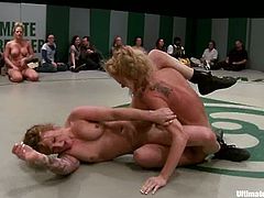 Three chicks wrestle in a ring showing no fear and respect to each other. After some time the losing girl has to lick pussies.