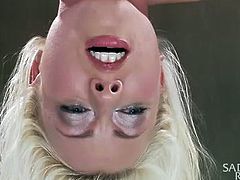 milky white blonde tied hanged and dildo fucked