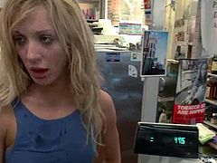 Guys undress hot blonde girl in canteen and lick her sweet pussy. Later on she gets fucked rough by three guys in a van.