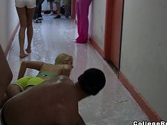 A lewd blonde and her slutty brunette GF are having a good time with two guys in a dorm. They please the dudes with awesome blowjobs and then jump on his schlongs crazily.