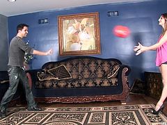 Two aroused folks play a balloon in the living room before a frisky brunette bends down to get her soaking cunt fingered by aroused wanker before she gives him a steamy blowjob.