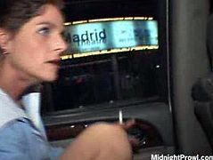 Skanky brunette chic gives head to her horny BF right in his car