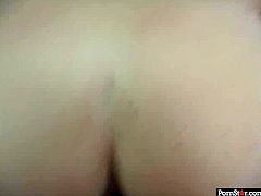Steamy blond porn star with heavy make up on her face squats down in front of rapacious dude to oral fuck his sturdy cock and later gets her shaved punani nailed missionary style in pov sex video by Pornstar.