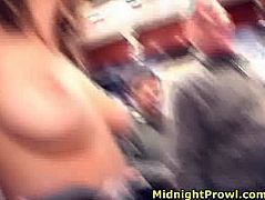 Two nasty looking daddies pick up a frisky blond babe in the bar. She bares her tits and bends over a bar counter to let one of them give her a tongue fuck in front of other aroused dudes in gangbang sex video by Pornstar.