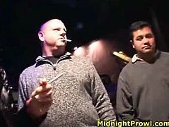 Two nasty looking daddies pick up a frisky blond babe in the bar. She bares her tits and bends over a bar counter to let one of them give her a tongue fuck in front of other aroused dudes in gangbang sex video by Pornstar.