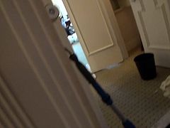 Petite bodied brunette chick is banged doggy style in the elevator. Then the couple moves to the hotel room where cuddly chick gives stout blowjob.