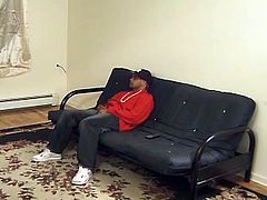 Check out this horny dude from the hood having some nice time with himself on the couch. She shows off his big black penis and starts to jerk it off for a nice cumshot!