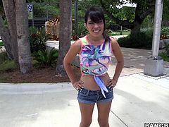 Well well, look what the Bang Bus crew just picked up from the streets! A thin, fragile brunette cutie that has no inhibitions and likes to fuck. She gets inside the bus where things complicate. She undresses and shows those small tits and soon, a lot more. Find out what and enjoy it!