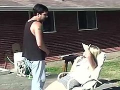 This is one amateur video of wild hardcore dude that spanked hard his blonde wife in the middle of their backyard where all magic happens