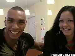 After getting her to bare her perky tits at the cafe table, these guys are convinced they'll be able to get her to suck their cocks for cash, could they be right?