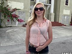 Isn't Marie a blonde cutie? Look at her, what a innocent looking blonde girl, just staying there wearing her sunglasses and those short blue jeans, waiting for something interesting to happen in her life. Well Marie is about to get more then she can handle now that she got inside the bang bus! Enjoy the show!