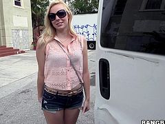 Isn't Marie a blonde cutie? Look at her, what a innocent looking blonde girl, just staying there wearing her sunglasses and those short blue jeans, waiting for something interesting to happen in her life. Well Marie is about to get more then she can handle now that she got inside the bang bus! Enjoy the show!