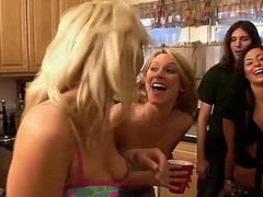 Adorable babes lose at a drinking game and fuck