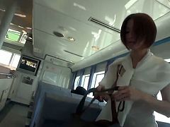 This skinny Japanese girl is on a ferry. She's not going anywhere specific, she just want to flash her tiny tits, pussy and ass while she's on it. She's an exhibitionist.