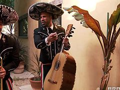 Porn star Aleksa likes mariachi, well most especially she likes the ones with big hard cocks. After she had a lot of fun by dancing on their music Aleksa felt so good that she wanted to repay them the best she could so she got down on her knees. Now she's gagging with theirs dicks and the fun continues