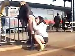 Crazy girls lick each other on the station!