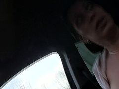 Hussy brunette is eager for cum dessert and starts to plays with driver's dick. She gives him hand job and later sucks his meaty pole greedily.