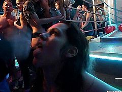 Sinfully club babes sucking and fucking large dicks and getting facialized in public