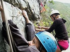 Watch out, these cuties are not only hot, they like to live dangerous too! When they are not busy fucking wildly, our babes love climbing mountains. Maybe, when they will reach the top, a few big hard cocks will await them, as a prize. Stick around and find out what will happen next