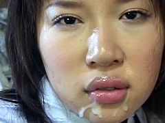 Sweet japanese beauty gets fucked in gang bang and made to swallow massive loads