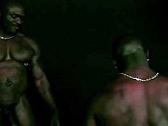 Two Muscle black dick gangbang and penitrate a white gay tight ass on a garage untill they burst a full load of cum.