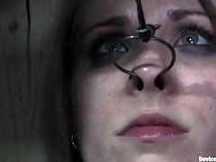 Hot blonde chick gets chained and then toyed with a vibrator. After that her master fixes claws to her pussy lips and nipples.