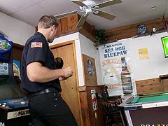 Busty and hot blondie got her pussy fucked by a perverted police officer who hand cuffed in the kitchen,but she liked tho.Watch her getting fucked in Brazzers Network sex clips.