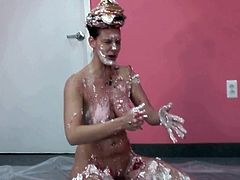 Naughty brunette with big appetizing assets smear whipped cream over her gorgeous body. I would like to lick cream off her appetizing big boobs.