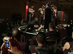 Seems, that our boys are having a very private and interesting party here, at Bound in Public. In front of an audience, the hot gay is tied up and punished with hot wax, in a weird ritual. They give him a lot of pleasure, by fucking his tight anus and then, some pain with hot wax.