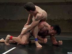 Adonis and Gianni Luca struggle with each other on tatami and turn each other on. Then the loser pleases the winner with a blowjob and they have some ardent doggy style banging afterwards.