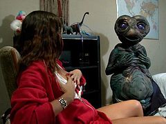 Even E. T. has a boner, after seeing this hot brunette, playing with her pussy. Maybe things will really get interracial, if she keeps up that way. Damn, she's fucking hot and her tight, shaved pussy needs a hard one, inside it. Let's see, if this hottie will get a close alien encountering!