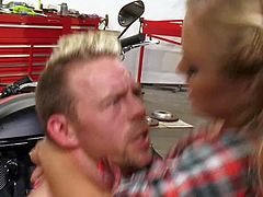 Adorable long haired blonde stunner Nicole Aniston with jaw dropping firm hooters and perfect body gives head to Eric Everhard and rides on his long stiff cock in his garage.