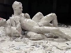 Dean Tucker and James Hamilton are having a scuffle on tatami. They struggle with each other in grey mud and then the loser favours the winner with a blowjob and welcomes his prick in his butt.