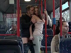 It was late in the evening and Bonnie was on her way home with her boyfriend. Suddenly something strikes the couple and they start having sex right in the public bus!