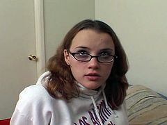This horny teenie has never been on camera before. She is a bit shy and instead of sucking his cock she invites him right into her tight shaved pussy for some action.