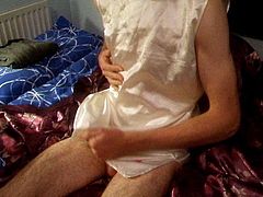 Cumming on white satin dress