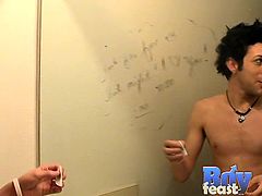 Check out these horny twinks having fun in the bathroom. After giving his partner an amazing blowjob one got his tight asshole ravished in the front of the mirror!