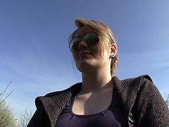 Shameless blonde Russian whore named Vera gives blowjob to her lover outdoors and then bends over spreading her big butt cheeks apart in order to get her tight soaking cunt fucked doggystyle.