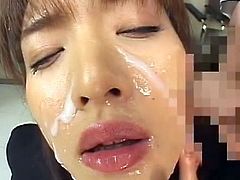 Japanese babe with hairy pussy and large boobs enjoys creamy jizz all over her body and face