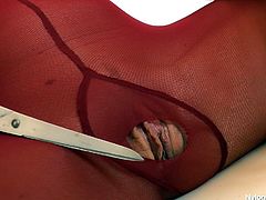 Blonde hair, blue eyes and a lot of red nylons! Meet Sophia and her nylon fetish! The sexy blonde is turned on insanely by the feeling of nylon on her body. She dressed up in it and made a hole between her thighs to masturbate. Look at her how much fun she has, wanna see more?