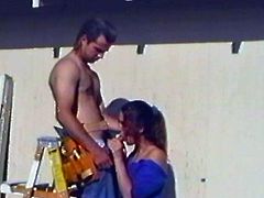 They were making some maintenance of the house, when babe seduces her man and sucks his cock! Then he bends her over on the hood and fucks her snatch!