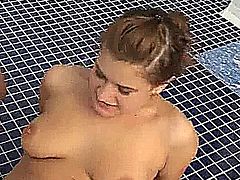 Three cute lesbian teen girls licking and toying their little twats at poolside